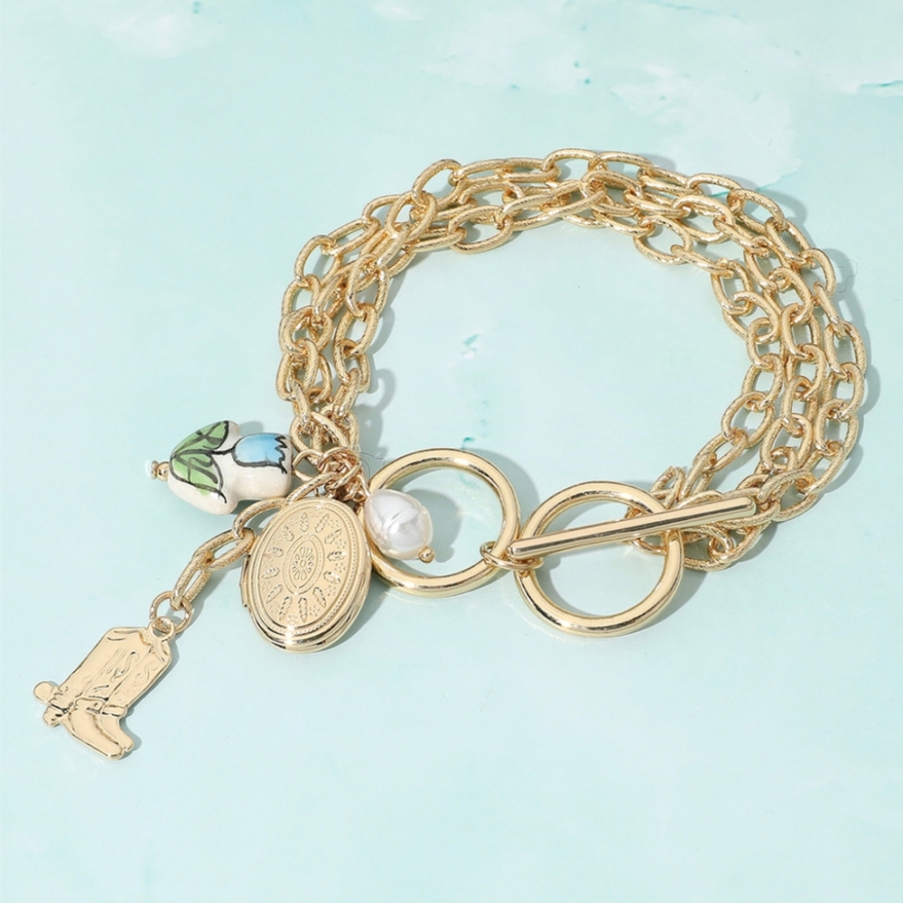 Gold Locket Boot Pearl Layered Chain Link Toggle Dangle Charm Bracelet Statement